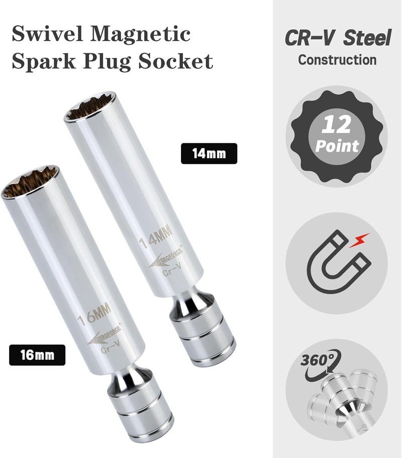 AEROFORCE Professional Tools AEROFORCE 14PCS 3/8-Inch Drive Swivel Magnetic Spark Plug Socket Set with 3/8'' Torque Wrench (5-45 Lb.ft/6.8-61.2 Nm), Universal Joint & Extension Bar - Durable CR-V Steel for Easy Spark Plug Removal - Image 2